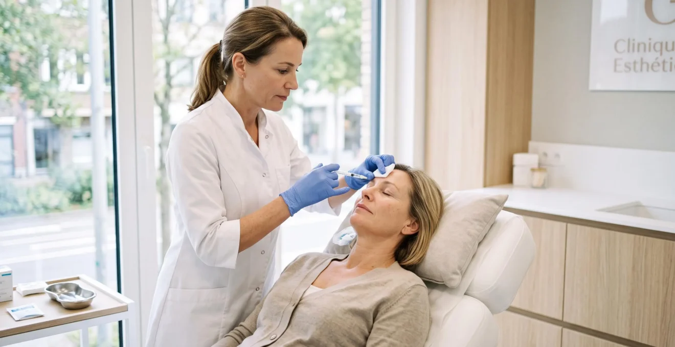 Arts injecte botulinetoxine in het voorhoofd van een vrouwelijke patiënt in een kliniek.
