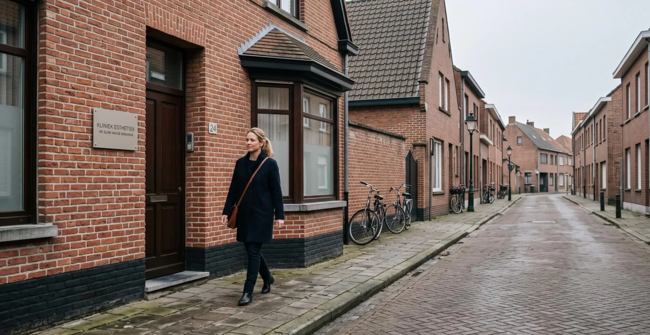 Patiënt wandelt rustig langs een bakstenen gevel van een esthetische kliniek.