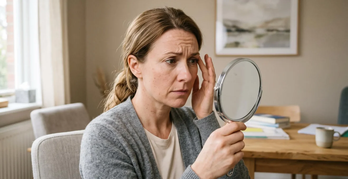 Vrouw kijkt in een spiegel en tipt de rimpels op haar voorhoofd.